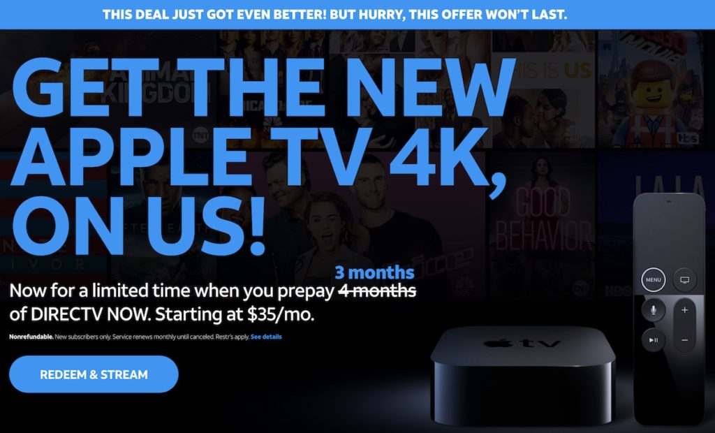 DirectTV is offering a limited-time deal that gives you a free AppleTV with three months of service.